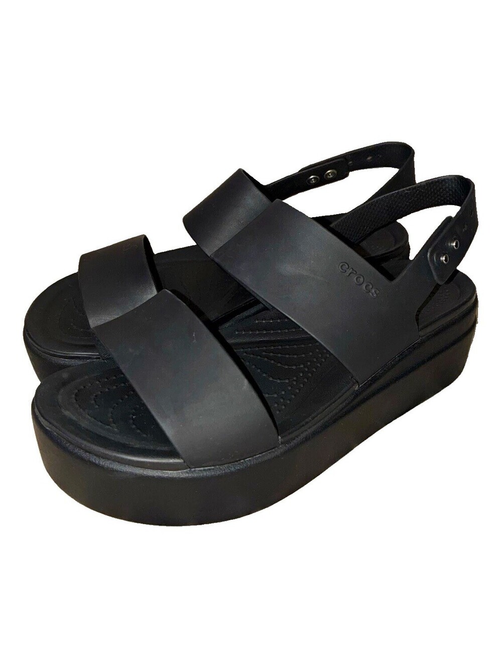 Crocs Black Strappy Platform Sandal Comfort Adjustable Strap Logo Women US 7